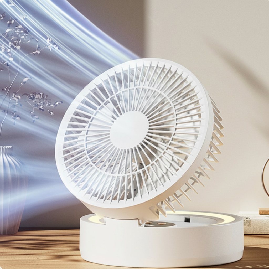 Tischventilator 3-in-1 mit Make-up Spiegel und Nachtlicht – 5W, Akku 1200mAh, Weiß/Pink