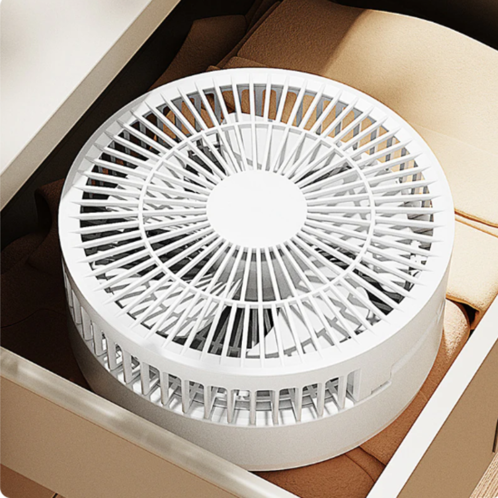 Tischventilator 3-in-1 mit Make-up Spiegel und Nachtlicht – 5W, Akku 1200mAh, Weiß/Pink
