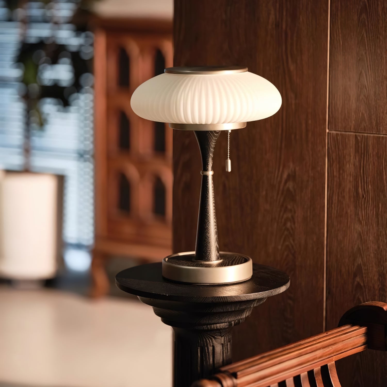 LumoShroom Vintage LED-Tischlampe – Dimmbar Holzoptik fürs Wohnzimmer
