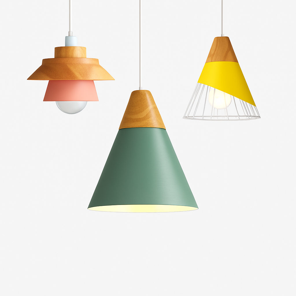Pendelleuchte | Farbiges Metall, Helles Holz, Verschiedene Formen 1