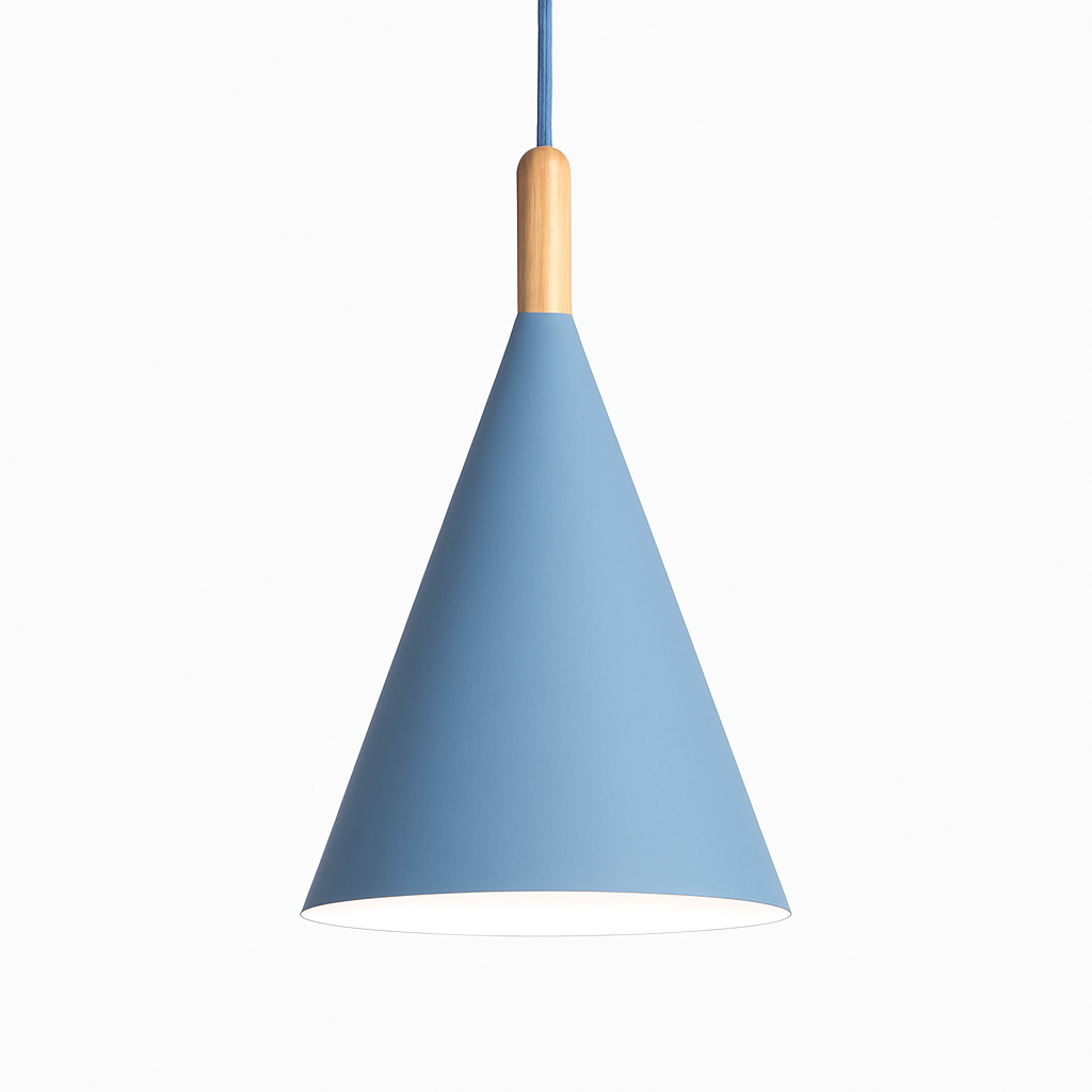 Pendelleuchte | Konischer Metallschirm, Holzstiel 6