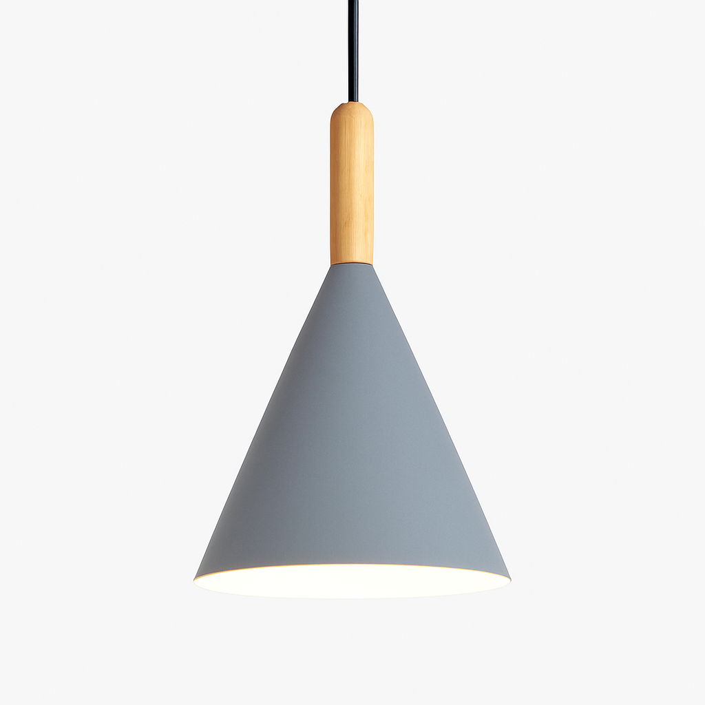 Pendelleuchte | Konischer Metallschirm, Holzstiel 7