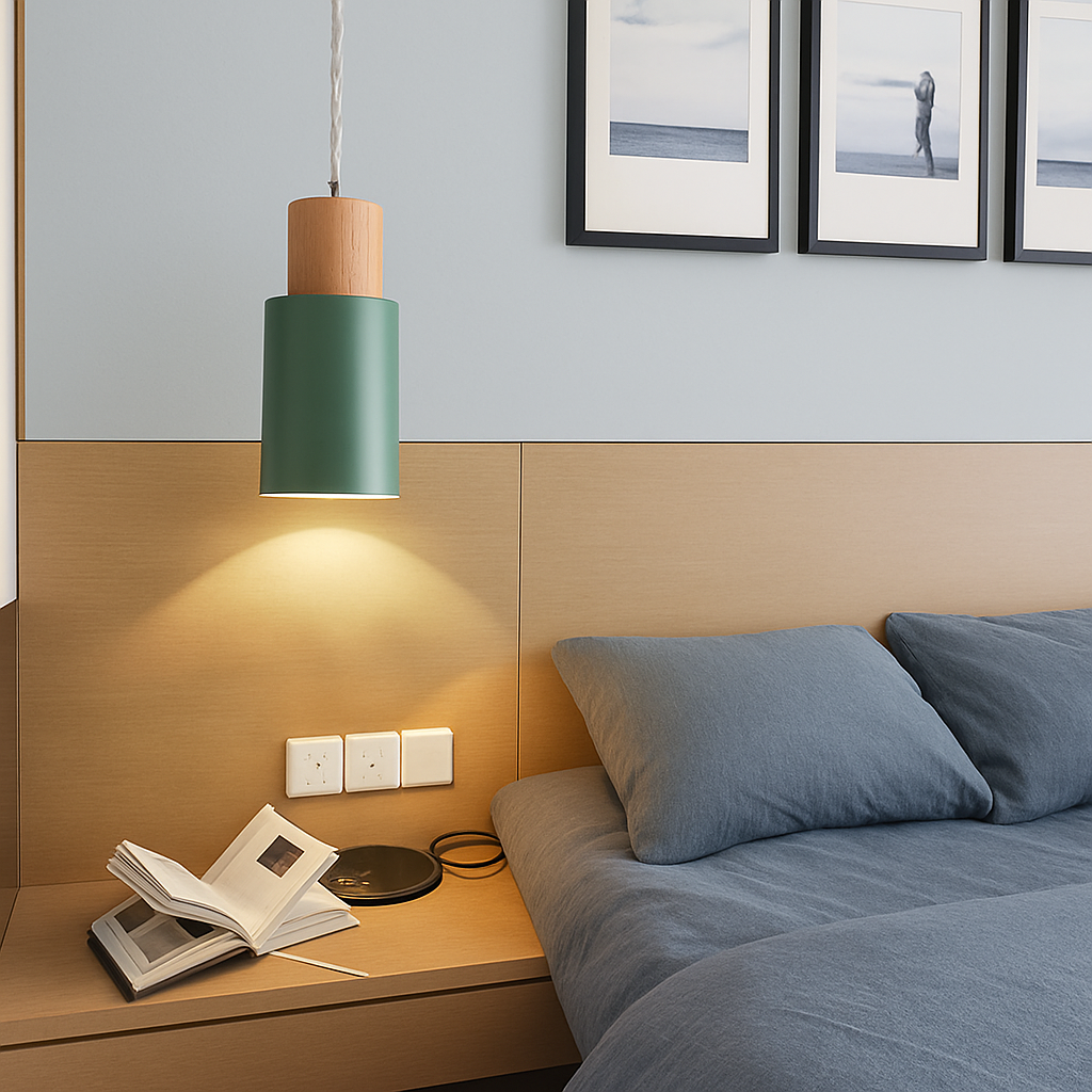Pendelleuchte | Zylindrische Form, Holz und Aluminium 2