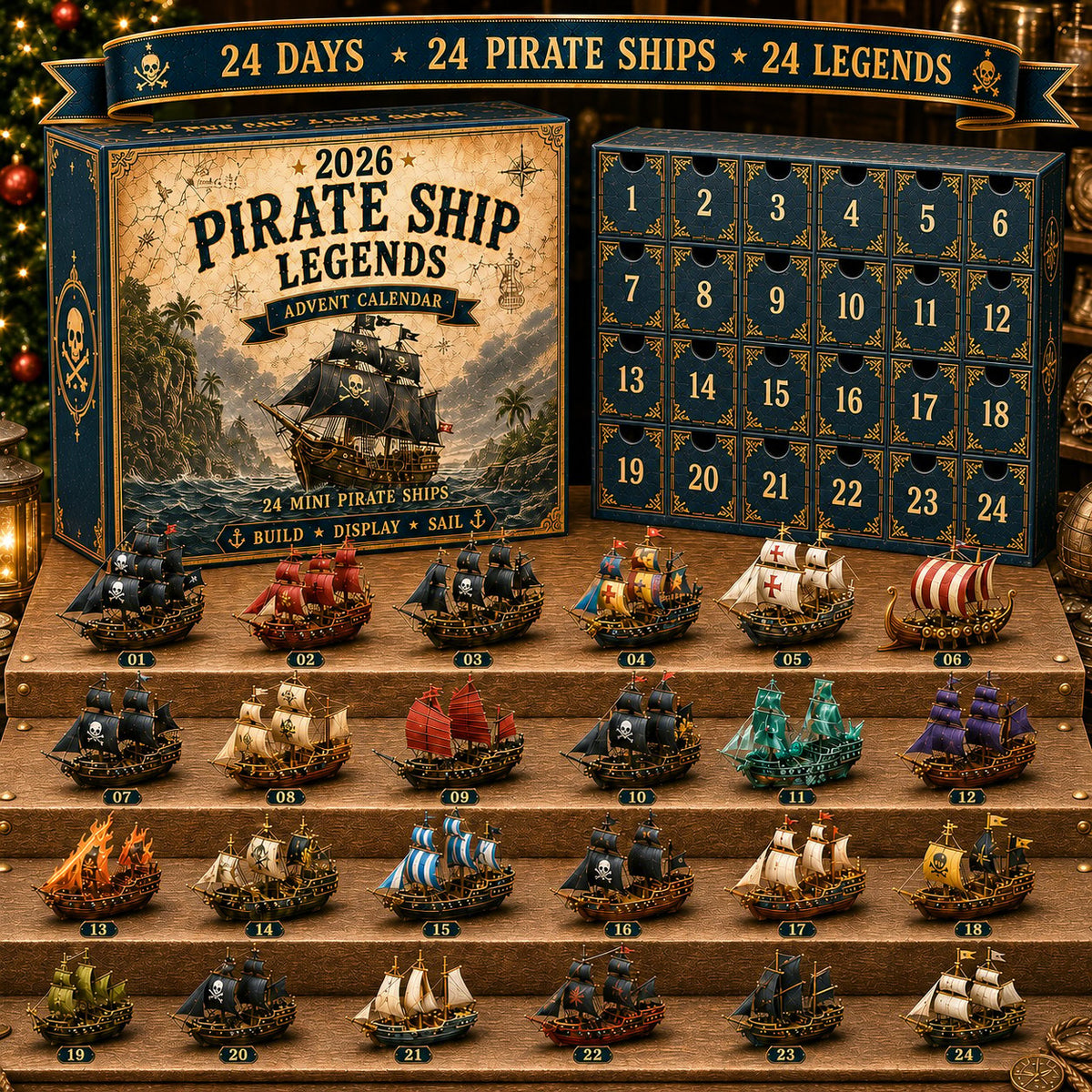 Pirate Ship Legends Adventskalender 2026 – 24 Miniatur-Piratenschiffe für Abenteuer und maritime Dekoration 0