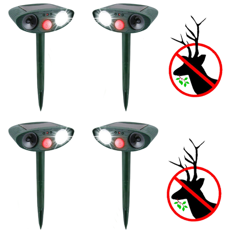 Solar Tiervertreiber Ultraschall 4er Set – PIR 9,14m – 18–40 kHz – 110° – für Garten Wildabwehr