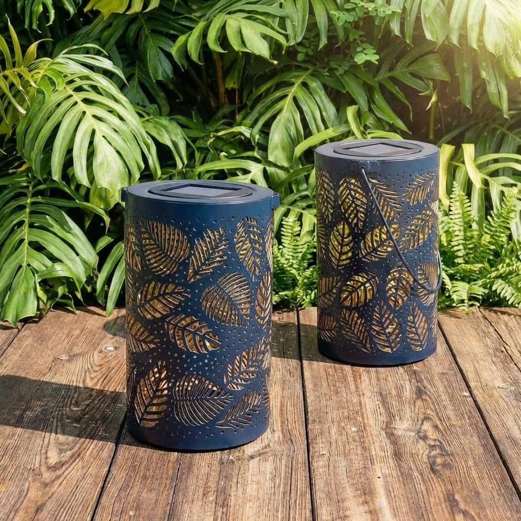 Solar Laterne LED Warmweiß Außen 2er Set mit Blattmuster für Garten und Terrasse IP65 Vintage Design