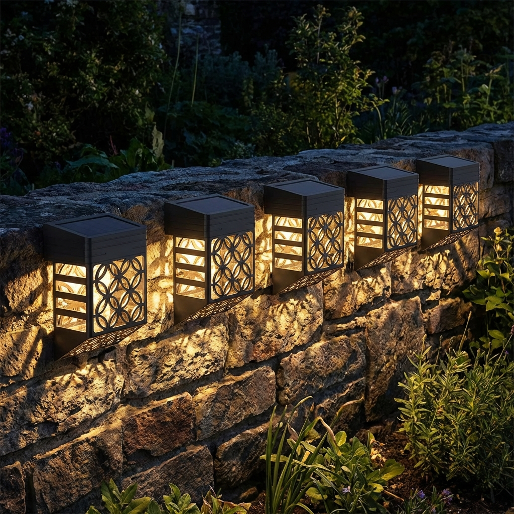 Solar Wandleuchte LED Warmweiß Außen IP65 mit Musterlicht für Garten und Terrasse Vintage Schwarz