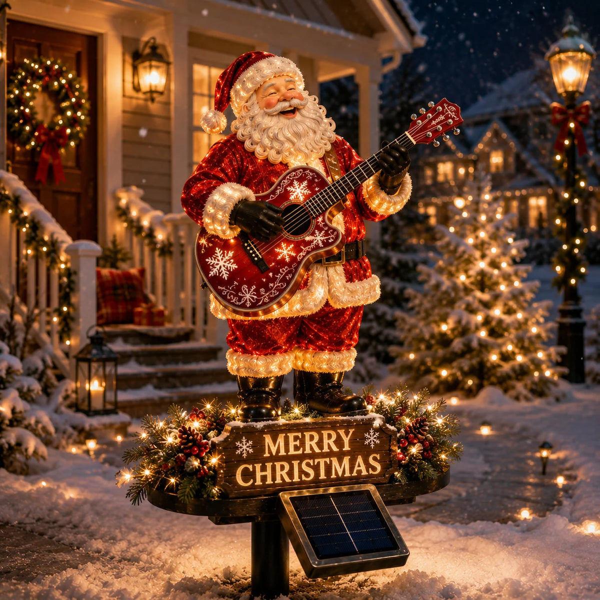 Solarbetriebene Weihnachtsdeko Außen – Festliche Gitarrenbeleuchtung mit Santa-Motiv für Garten 0