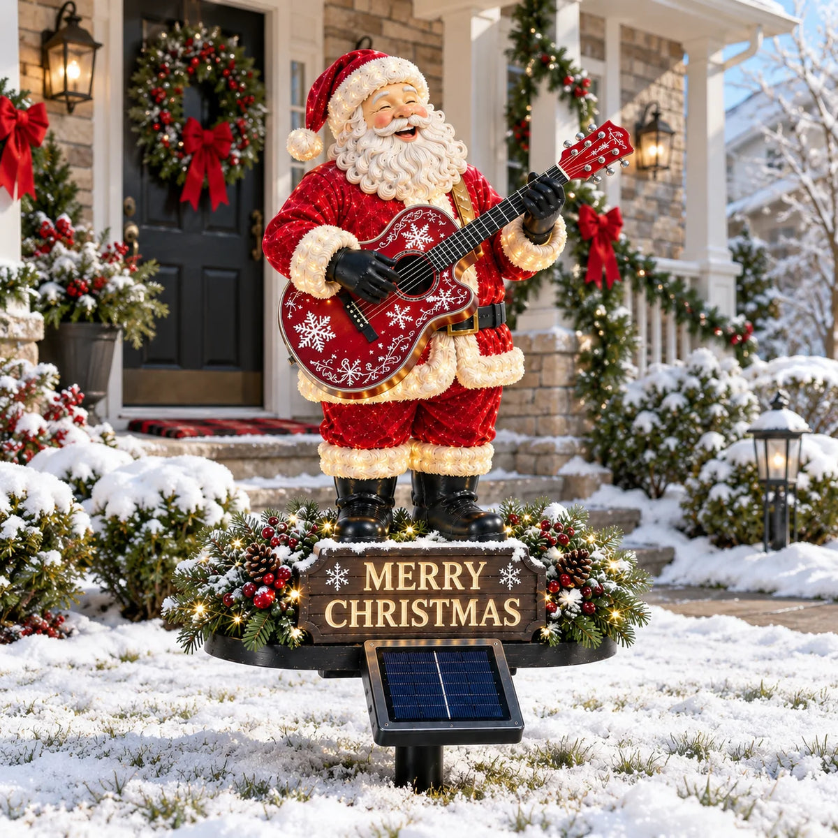 Solarbetriebene Weihnachtsdeko Außen – Festliche Gitarrenbeleuchtung mit Santa-Motiv für Garten 3