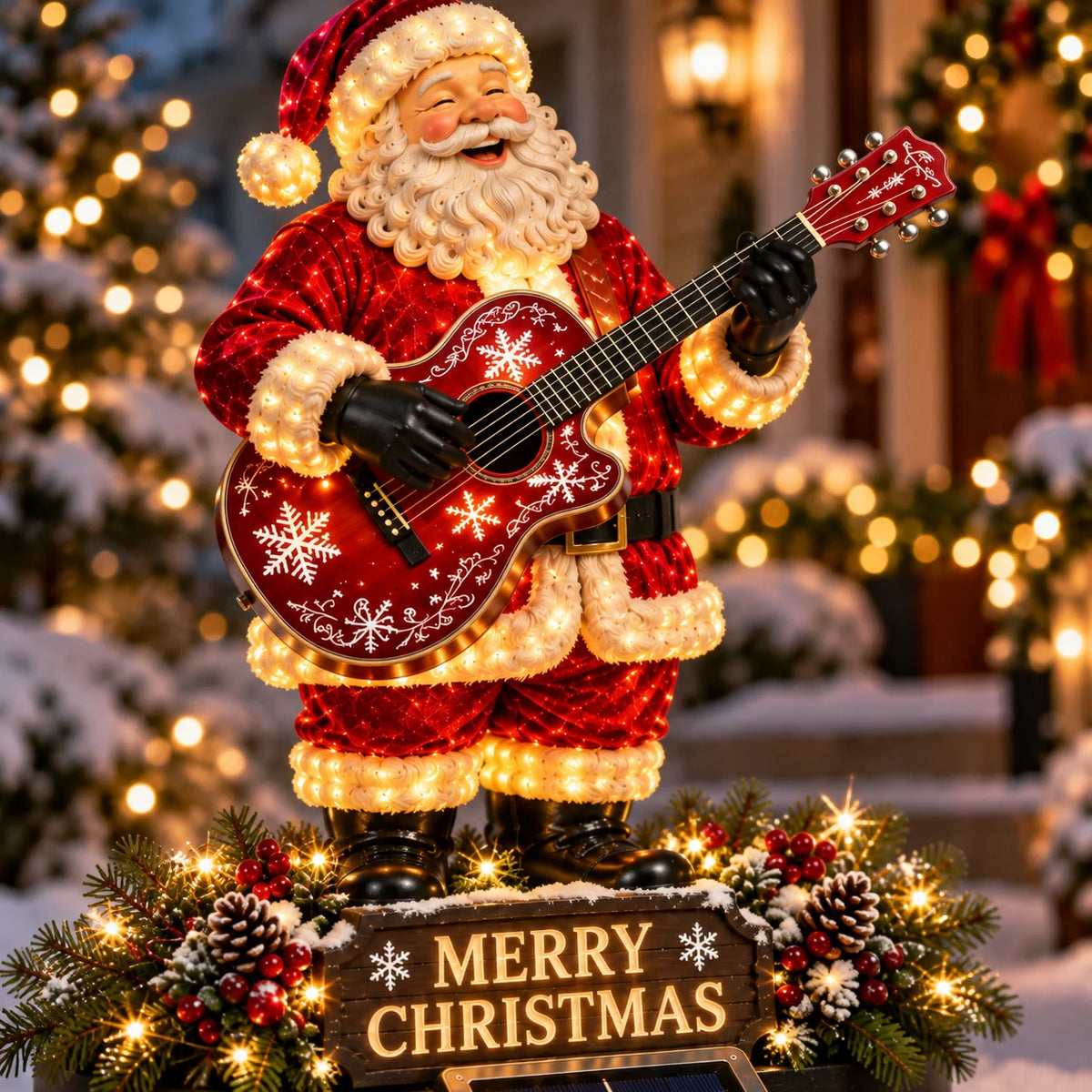 Solarbetriebene Weihnachtsdeko Außen – Festliche Gitarrenbeleuchtung mit Santa-Motiv für Garten 4