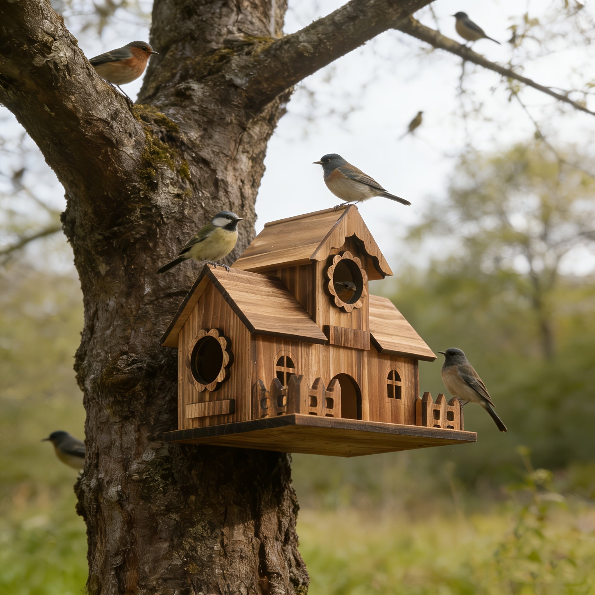 Vogelhaus | Eichenholz, Mehrere Eingänge 2
