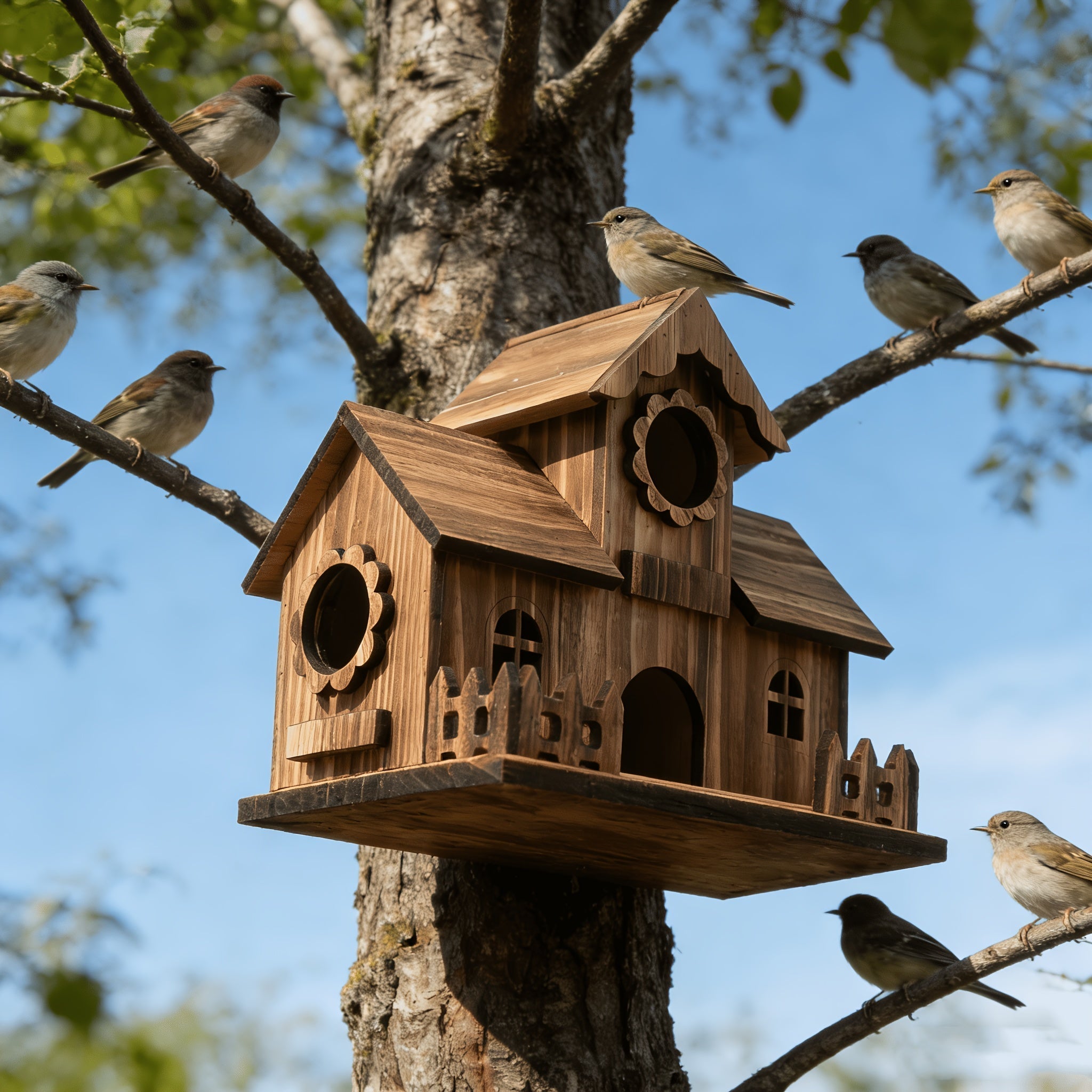 Vogelhaus | Eichenholz, Mehrere Eingänge 3