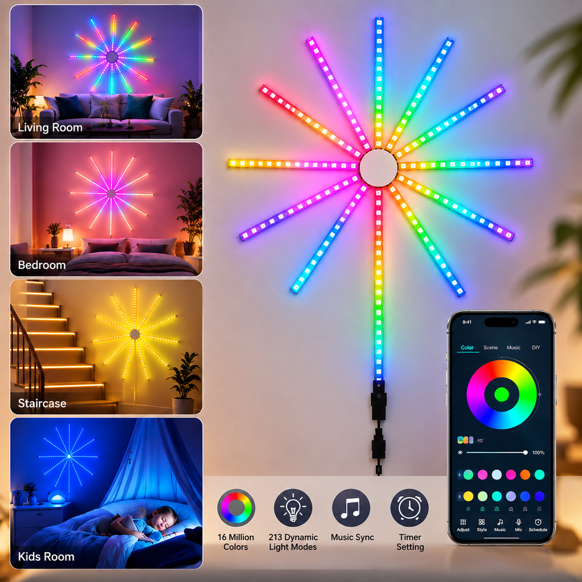 Smarte Feuerwerk LED-Leuchte | App-Steuerung & Musik-Sync, 16 Mio. Farben
