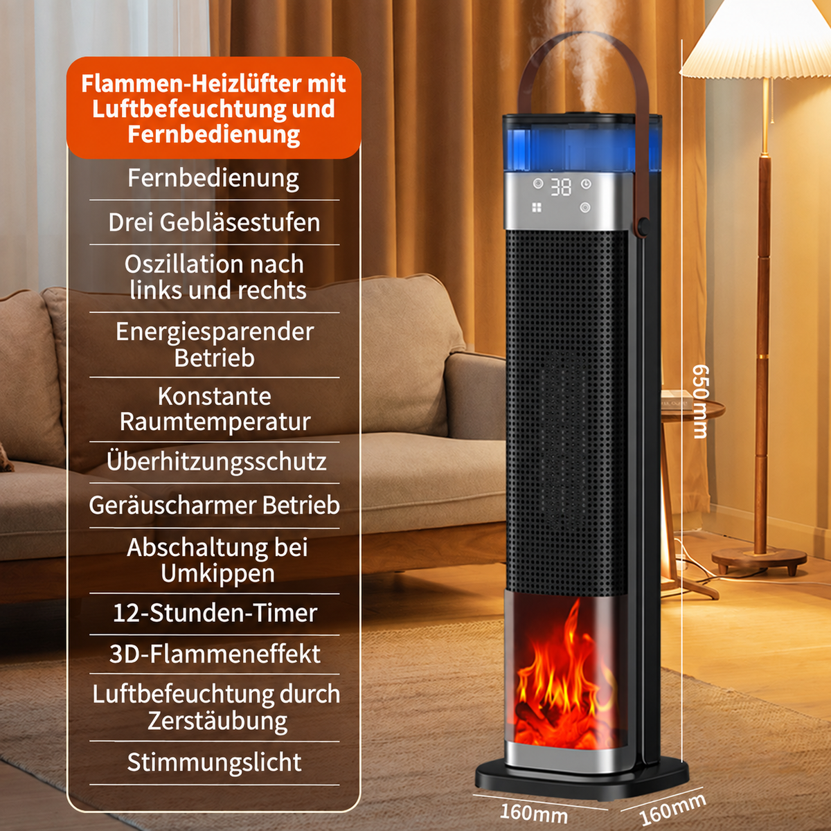 65 cm Turm-Heizlüfter mit 3D-Flammeneffekt, Luftbefeuchter, Fernbedienung & Oszillation