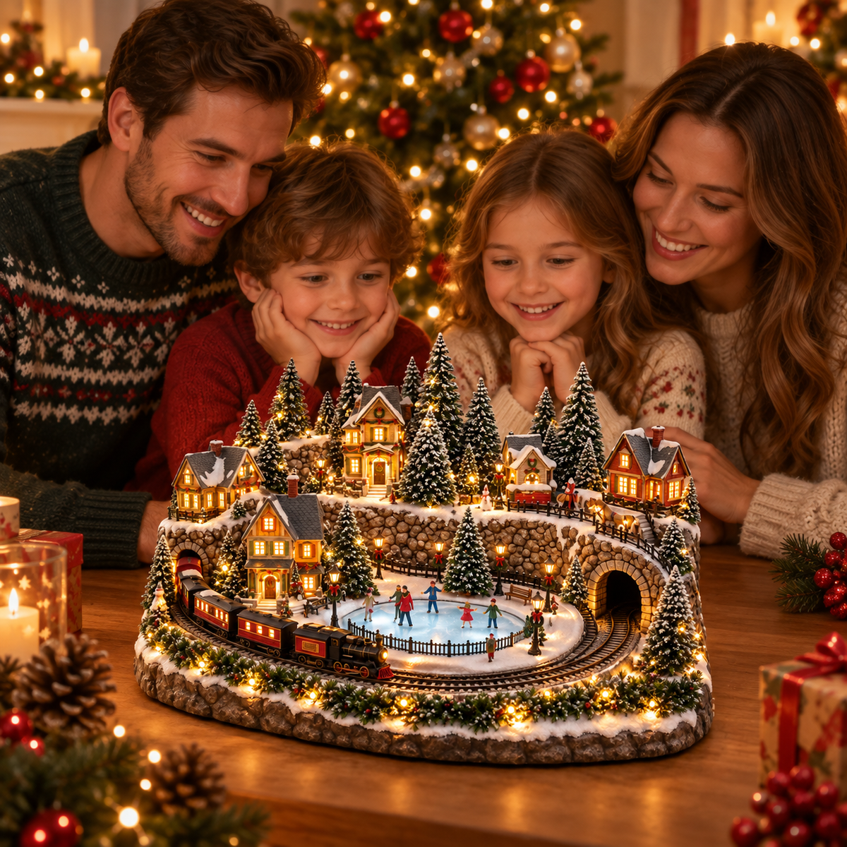 Weihnachtsdorf mit fahrendem Zug und Eisbahn – Beleuchtete LED-Winterszene mit Musik