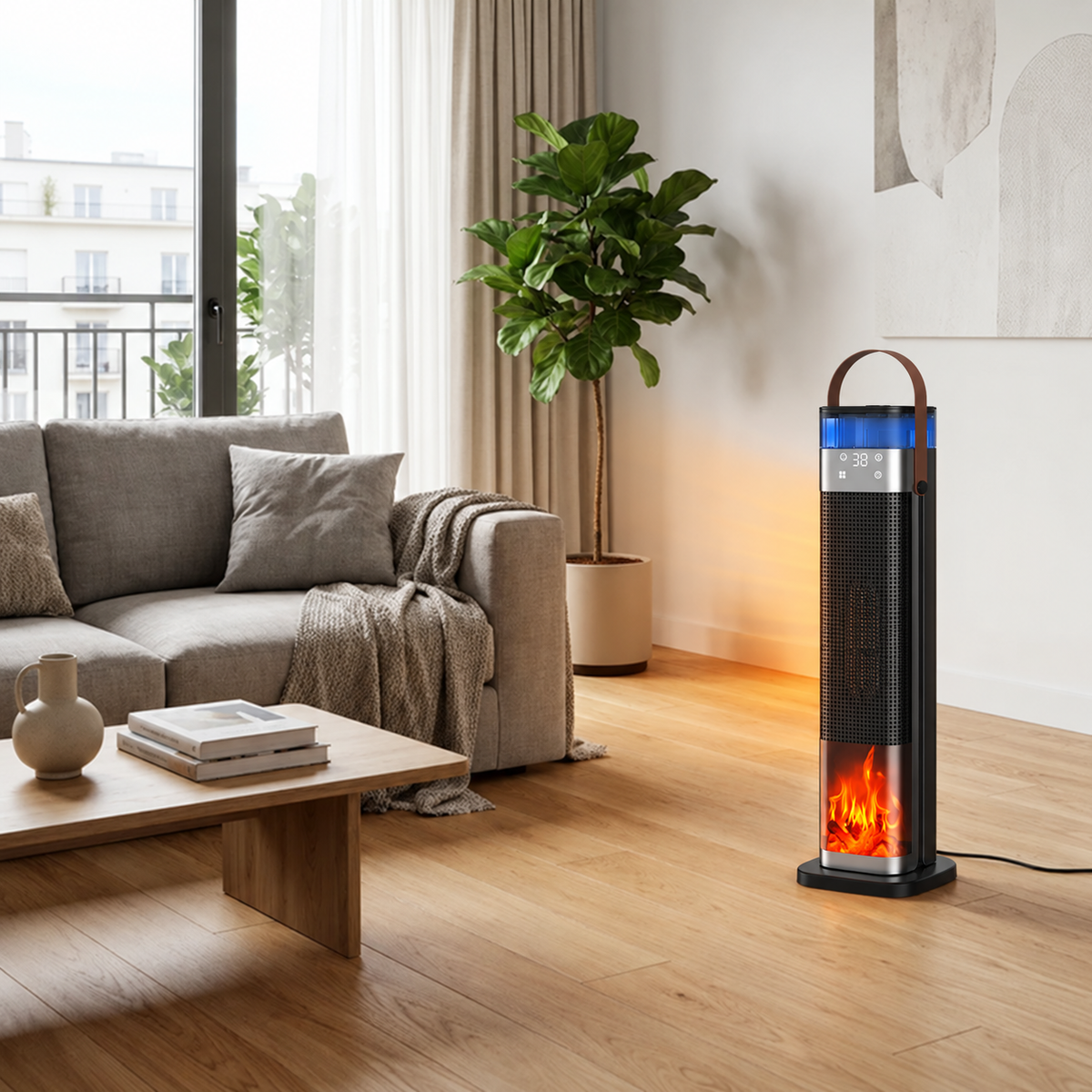 Tragbare Standheizung 2000 W mit PTC-Keramik, Luftbefeuchter, 3D-Flammeneffekt und Fernbedienung – Elektrischer Heizturm für Innenräume