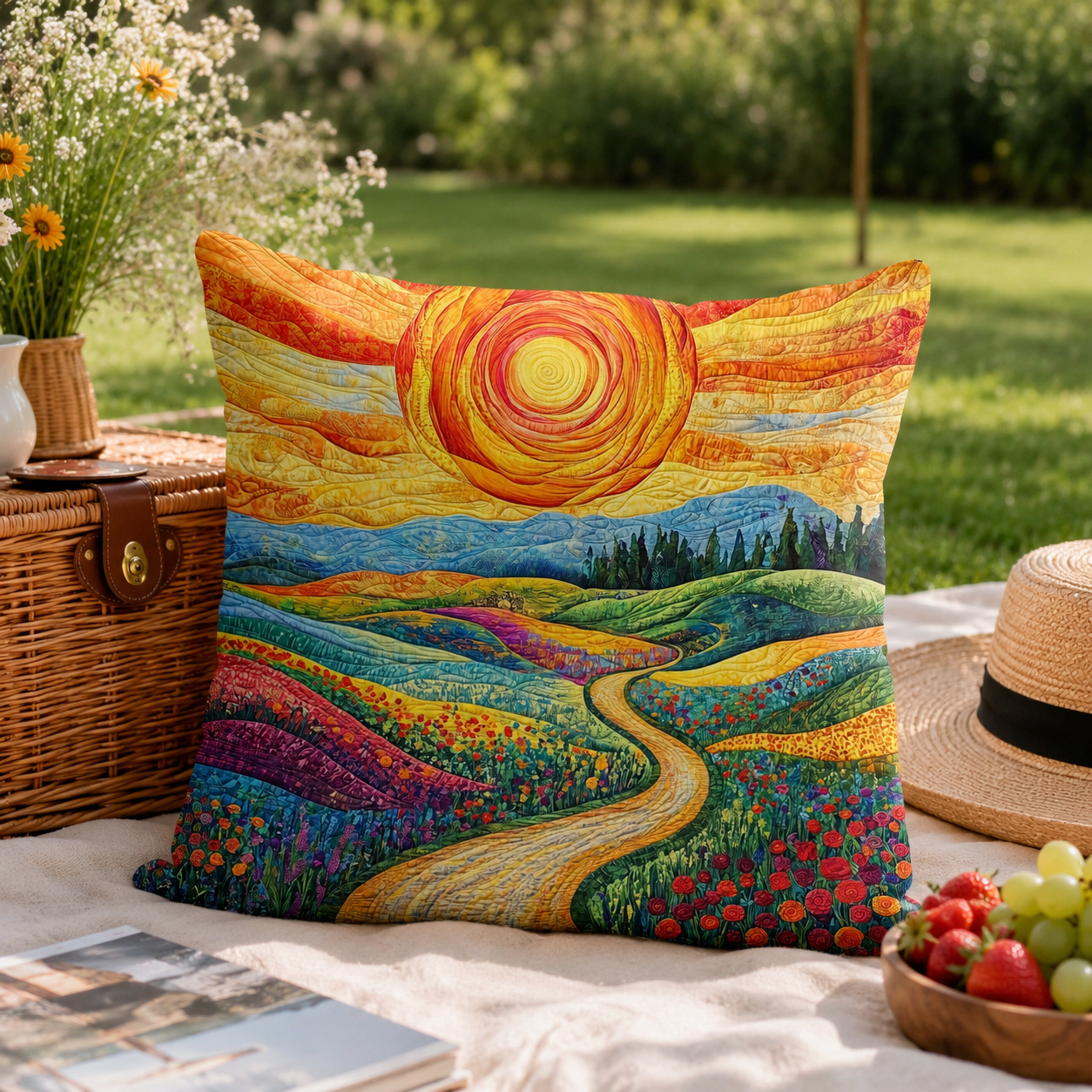 Kissenbezug Gesteppte Baumwoll-Polyester-Mischung Weiß 40 × 40 cm – Hotelverschluss, Wildblumenmotiv, Maschinenwaschbar