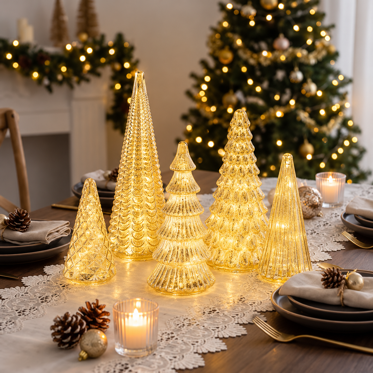 Glas Weihnachtsbäume 5er-Set beleuchtet, dekorative Tannenbäume in Gold mit LED