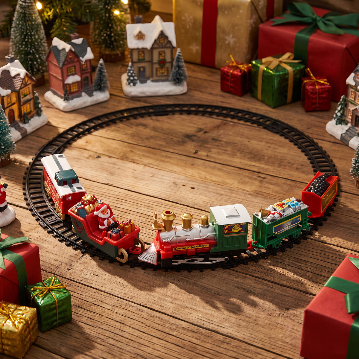 Elektrische Weihnachtseisenbahn für den Weihnachtsbaum, Zug mit Weihnachtsmann und Schienen