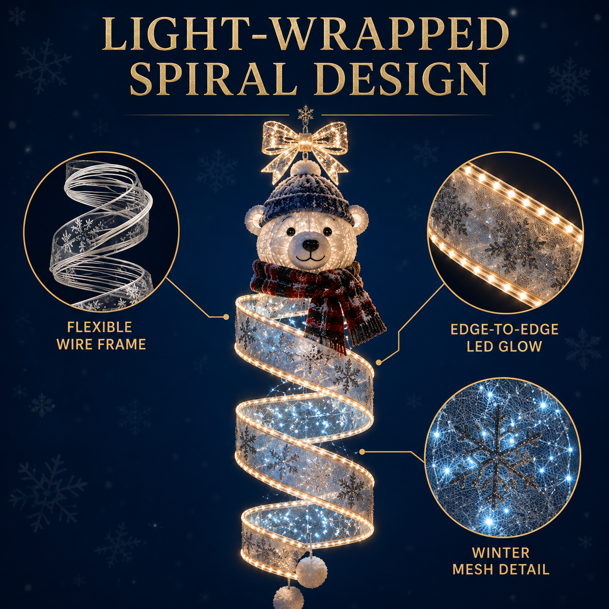 Hängende LED-Weihnachtsspirale | Leuchtdeko mit Eisbär, Stern oder Schleife