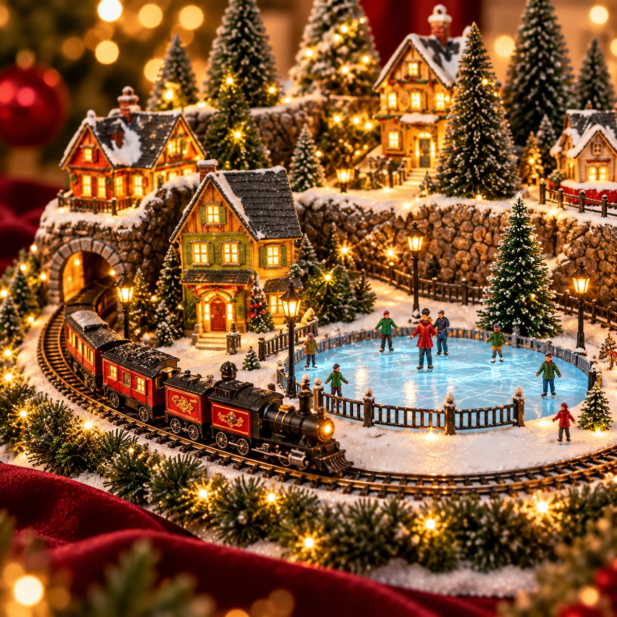 Weihnachtsdorf mit fahrendem Zug und Eisbahn – Beleuchtete LED-Winterszene mit Musik