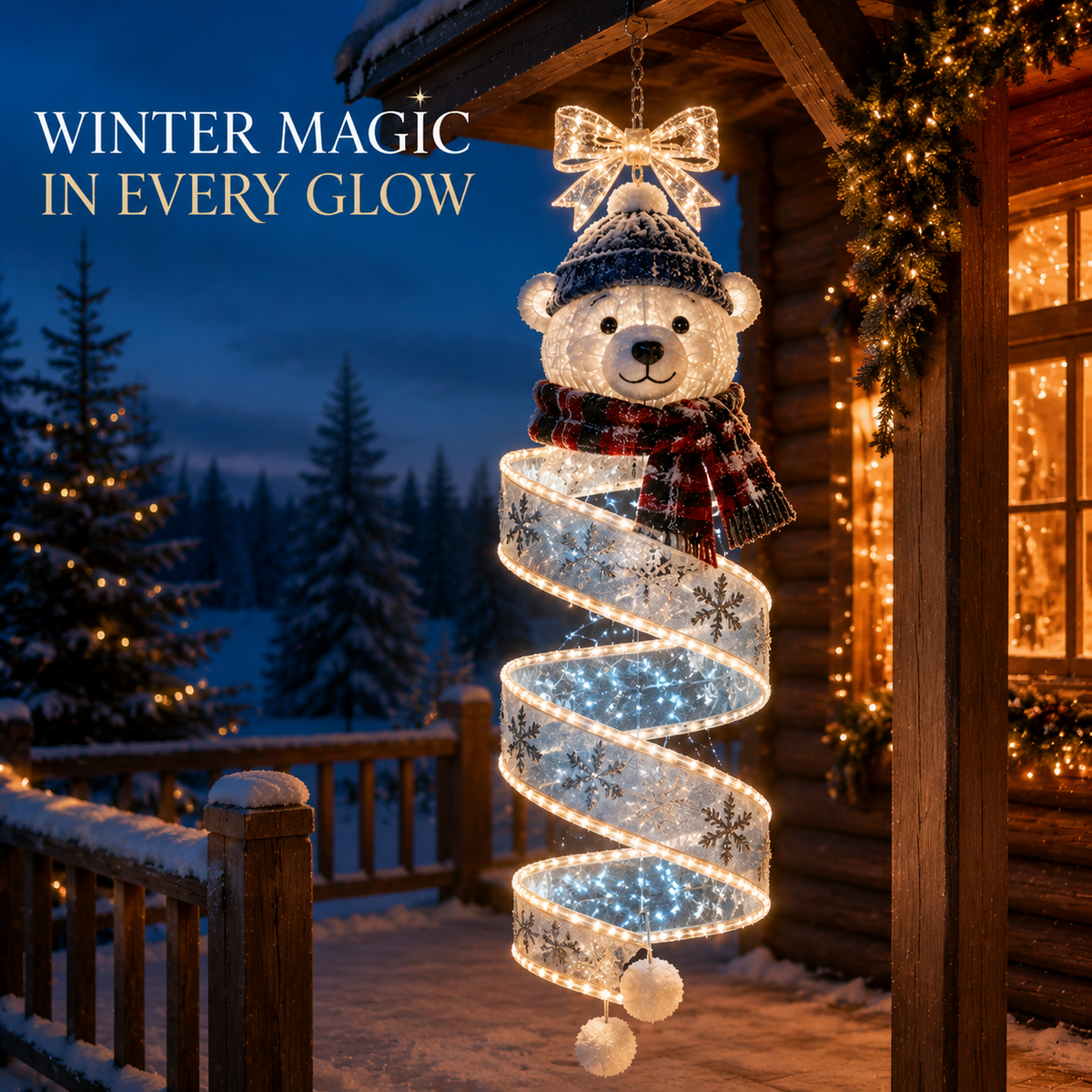 Hängende LED-Weihnachtsspirale | Leuchtdeko mit Eisbär, Stern oder Schleife