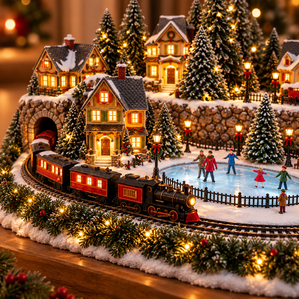 Weihnachtsdorf mit fahrendem Zug und Eisbahn – Beleuchtete LED-Winterszene mit Musik