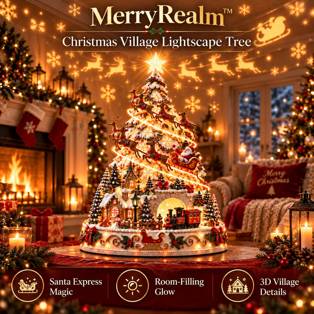 Leuchtender Weihnachtsdorf-Baum | 3D-Tischdeko mit Lichtprojektion
