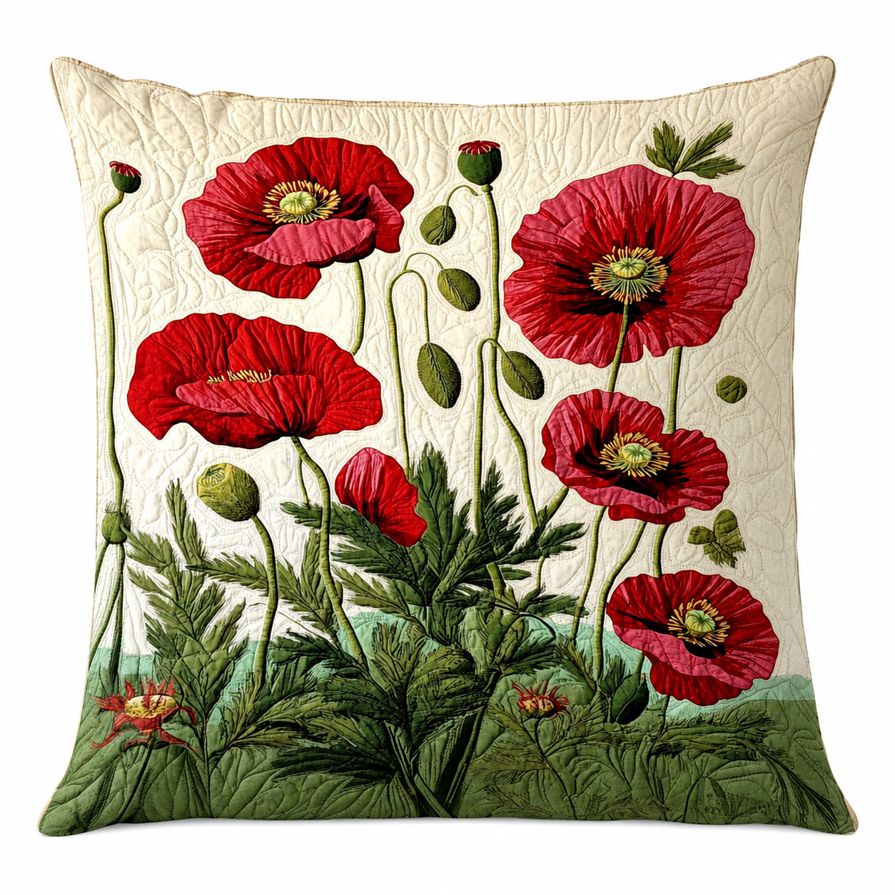 Kissenbezug Mohnblumen Baumwoll-Polyester Weiß 56 × 56 cm – Hotelverschluss, Gesteppt, Maschinenwaschbar