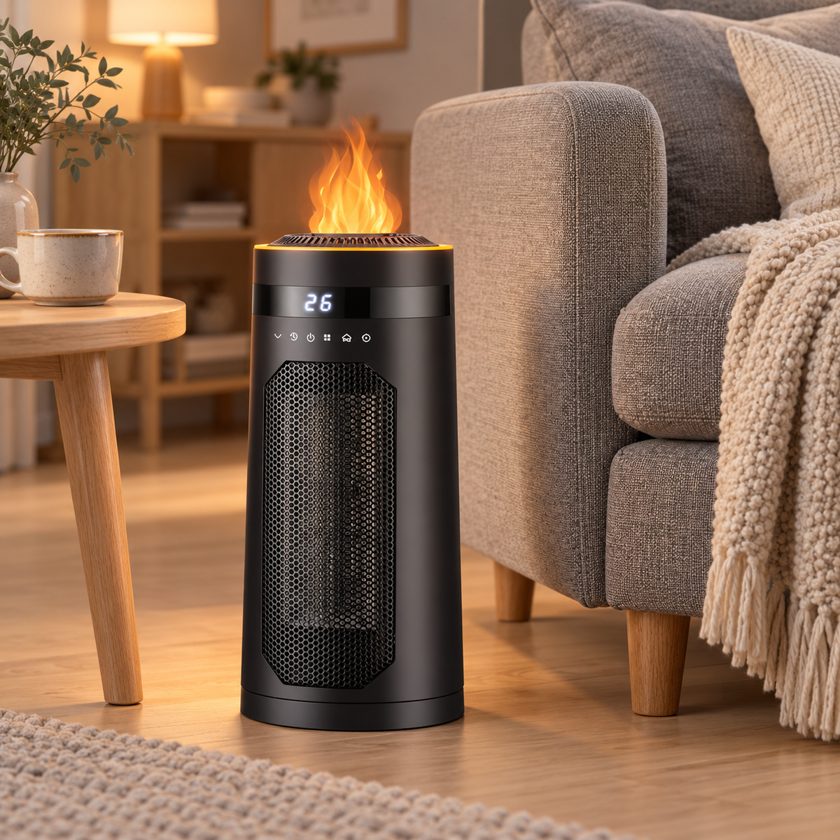 Flammora Keramik-Heizlüfter 1500W mit Flammenlicht, Luftbefeuchter und Fernbedienung