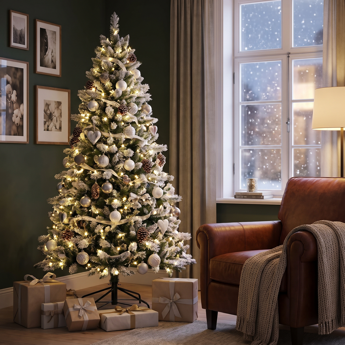 Geschmückter Weihnachtsbaum mit LED Beleuchtung, klappbarer Christbaum in 1 Minute aufgestellt