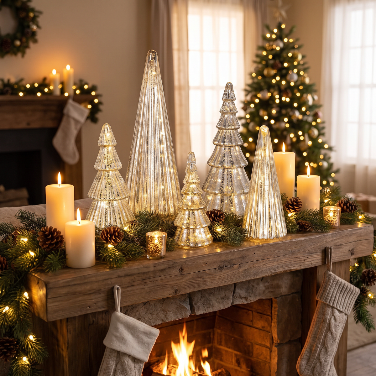 Glas Weihnachtsbäume 5er Set beleuchtet, mundgeblasen in Silber und Gold mit LED und Timer