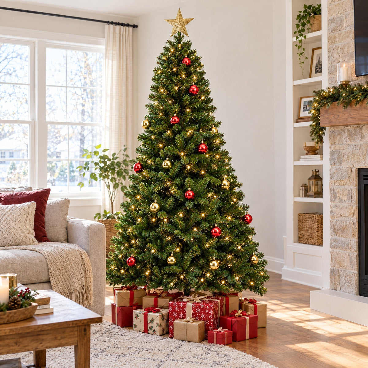 Künstlicher Weihnachtsbaum 180 cm mit Beleuchtung und Kugeln, Stern und Fernbedienung