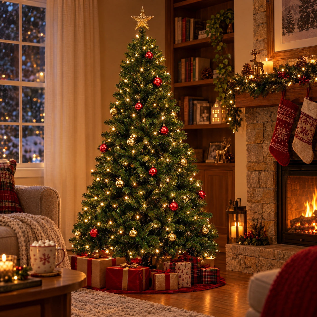 Künstlicher Weihnachtsbaum 180 cm mit Beleuchtung und Kugeln, Stern und Fernbedienung