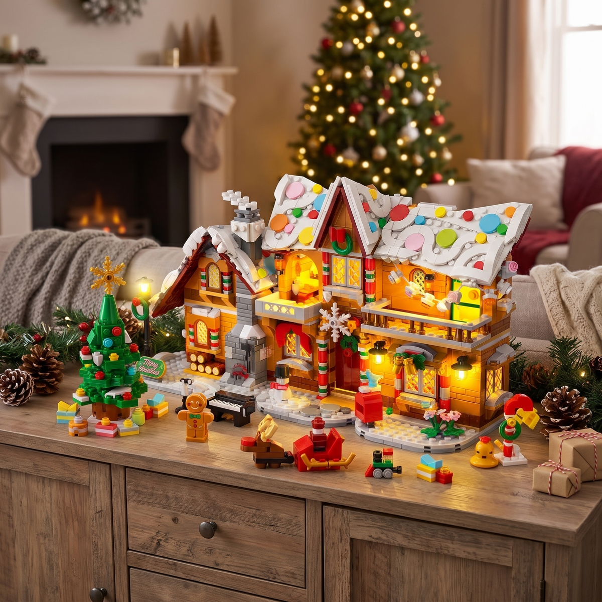 Lebkuchenhaus Bausatz mit LED Licht, Weihnachtsdorf aus Bausteinen 3 in 1, ab 8 Jahren
