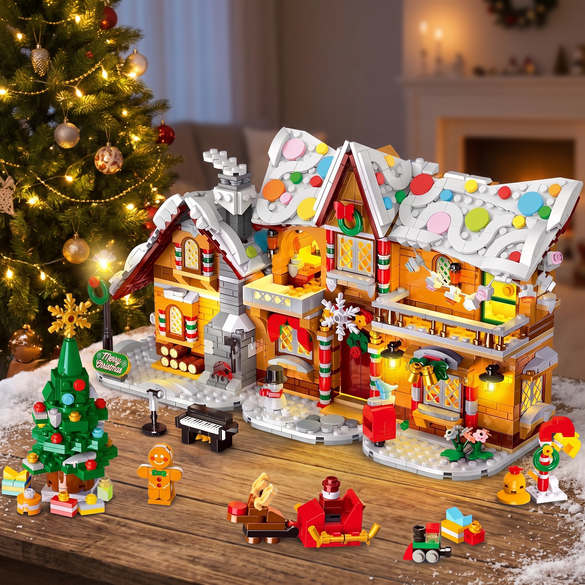 Lebkuchenhaus Bausatz mit LED Licht, Weihnachtsdorf aus Bausteinen 3 in 1, ab 8 Jahren