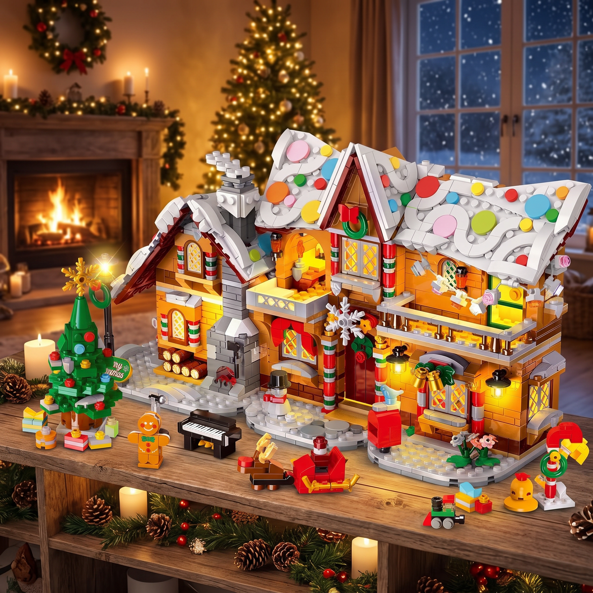 Lebkuchenhaus Bausatz mit LED Licht, Weihnachtsdorf aus Bausteinen 3 in 1, ab 8 Jahren
