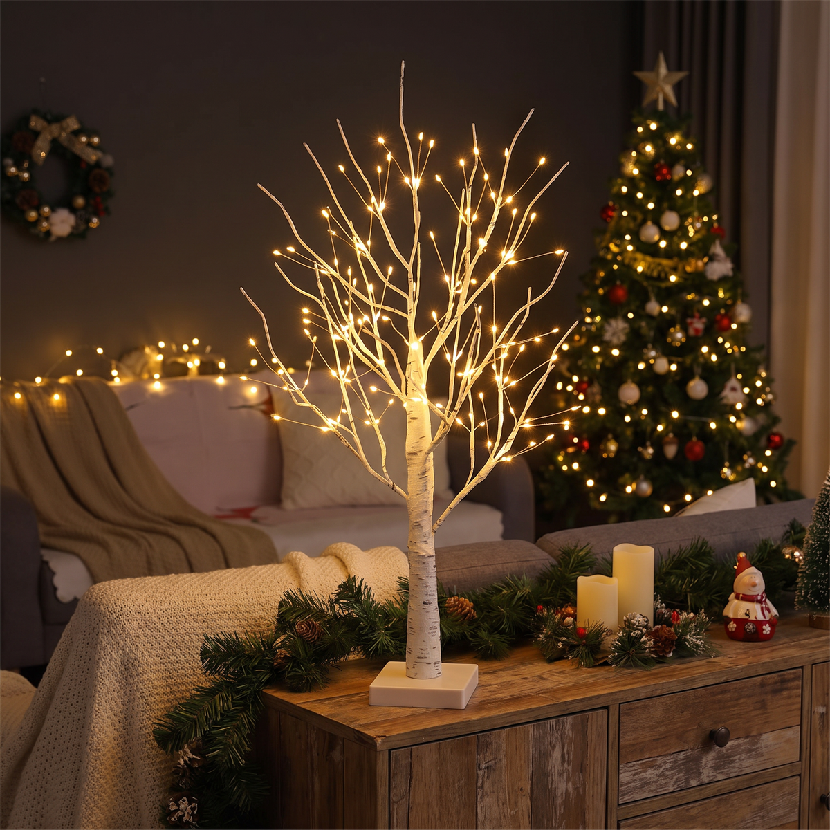 LED Birkenbaum Lampe 60 cm mit 144 LEDs Warmweiß, kabellos mit Batterie