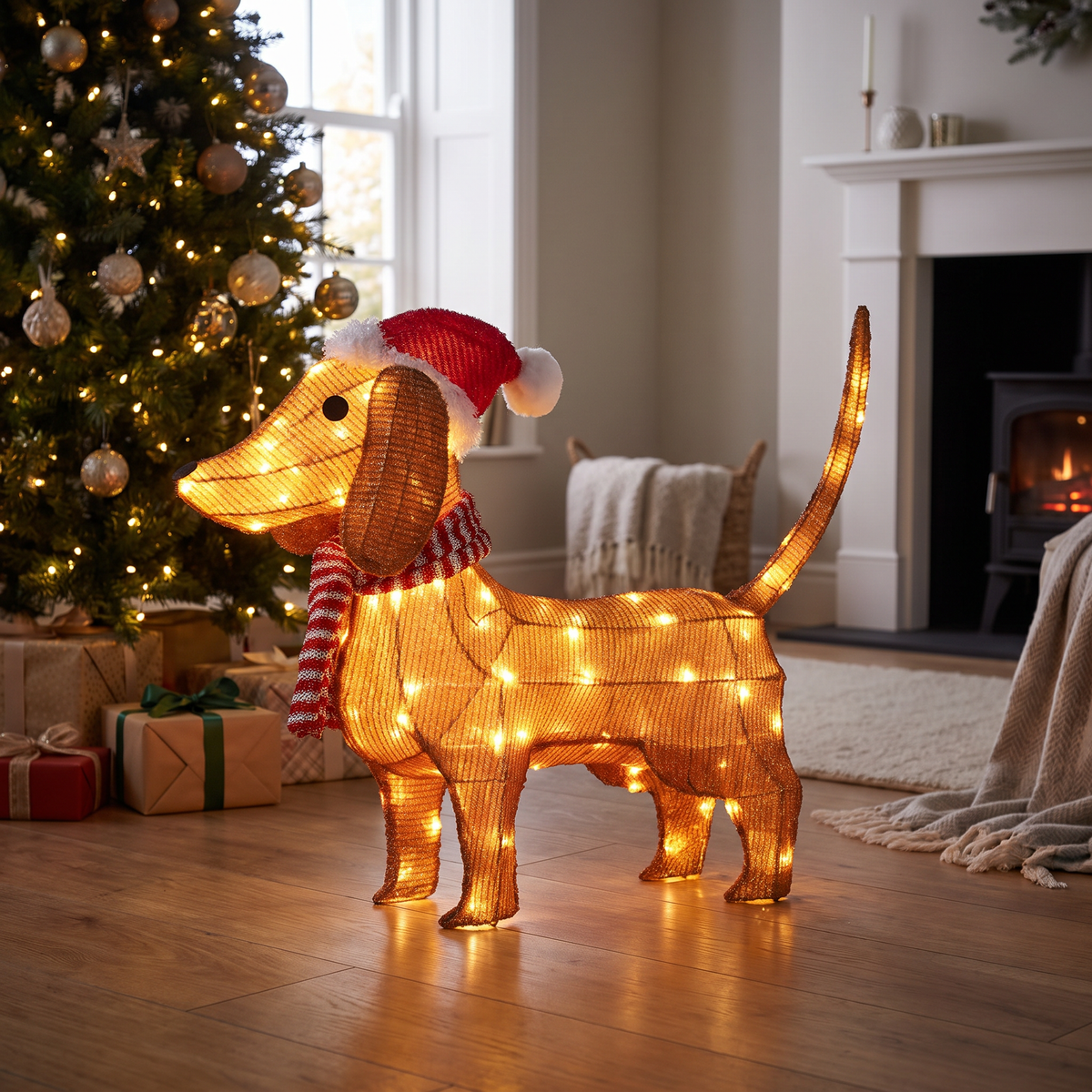 LED Dackel Weihnachtsfigur 65 cm mit Mütze und Schal, 80 LEDs für innen und außen