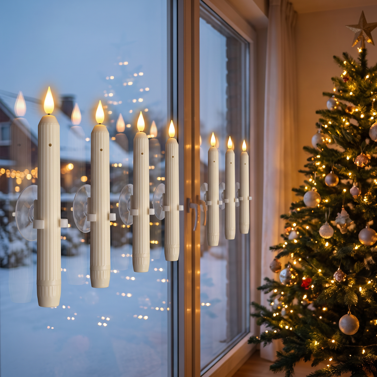 LED Fensterkerzen 12er Set mit Dämmerungssensor und Saugnapf, Elfenbein mit Flackerflamme