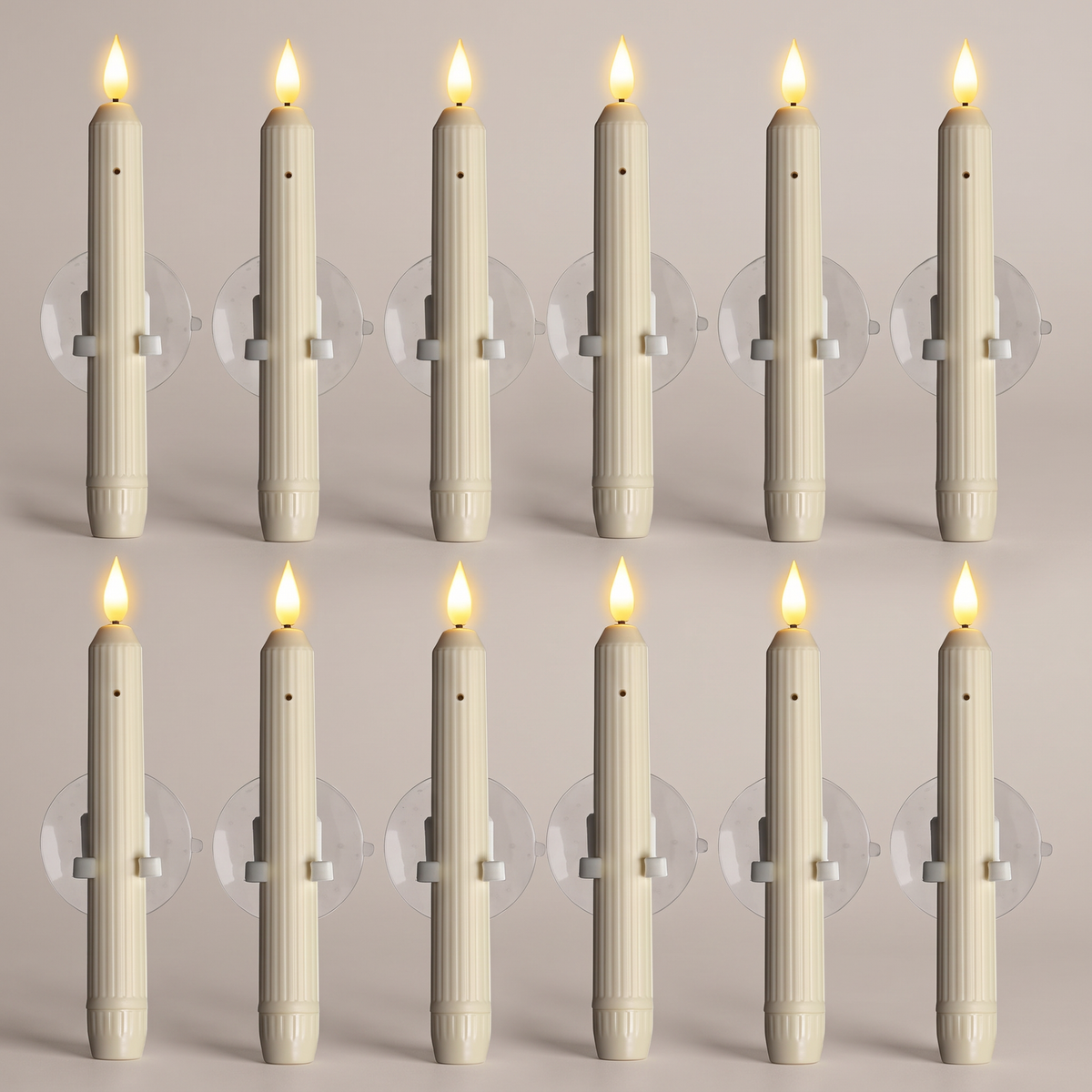 LED Fensterkerzen 12er Set mit Dämmerungssensor und Saugnapf, Elfenbein mit Flackerflamme