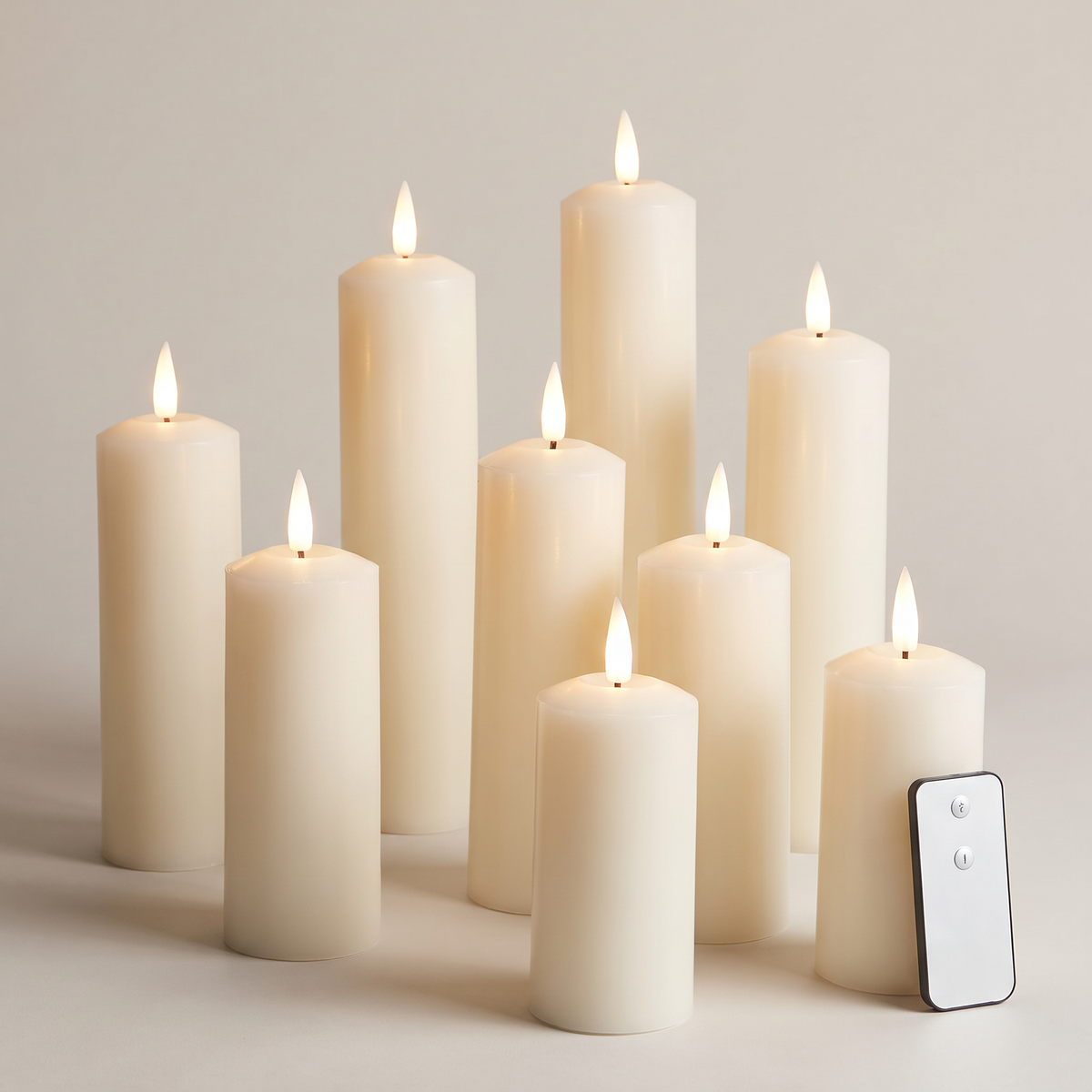 LED Kerzen Echtwachs 9er Set in verschiedenen Höhen mit Fernbedienung und Timer, Elfenbein