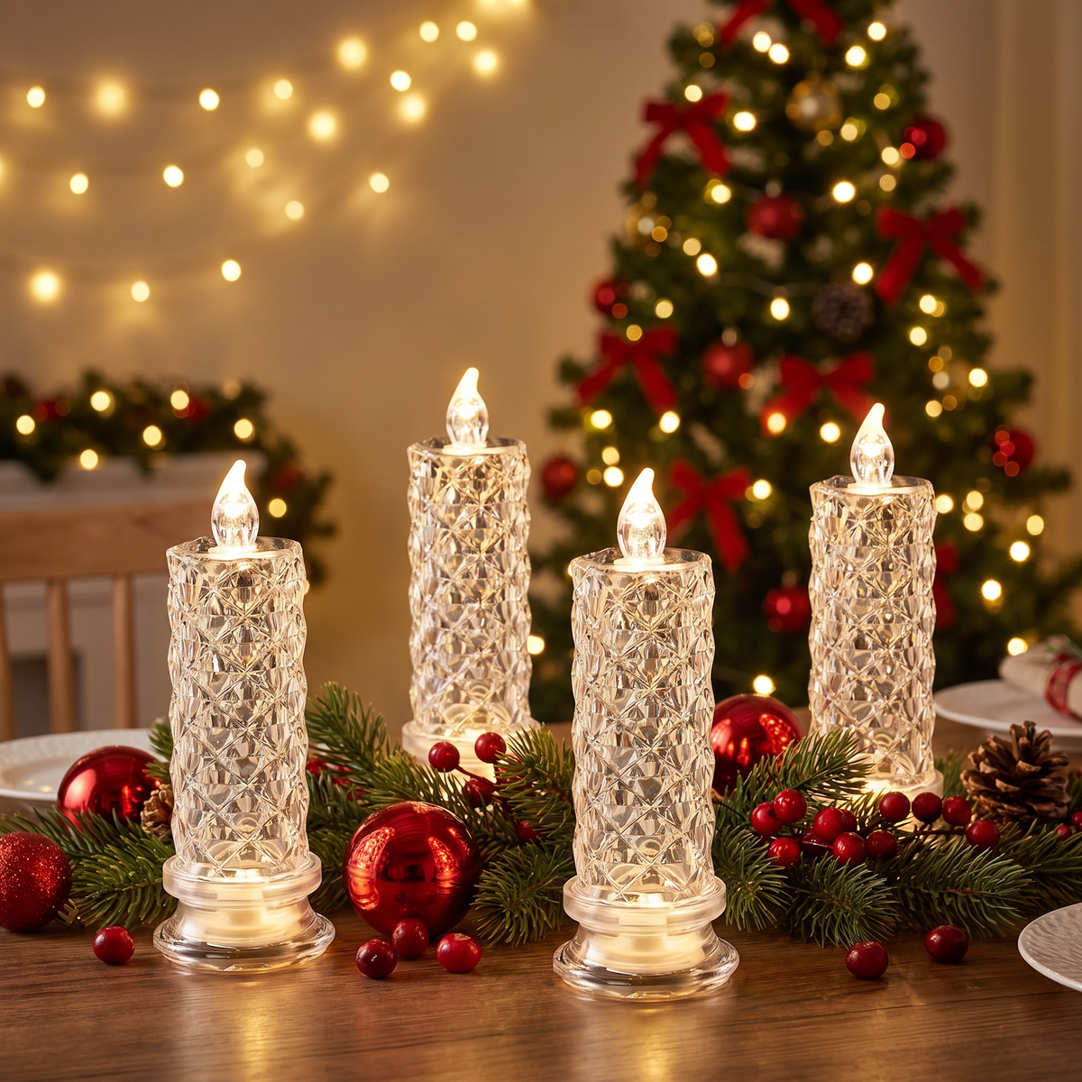 LED Kristall Kerzen 4er Set, flammenlose Kerzenlichter mit Diamantschliff und Farbwechsel