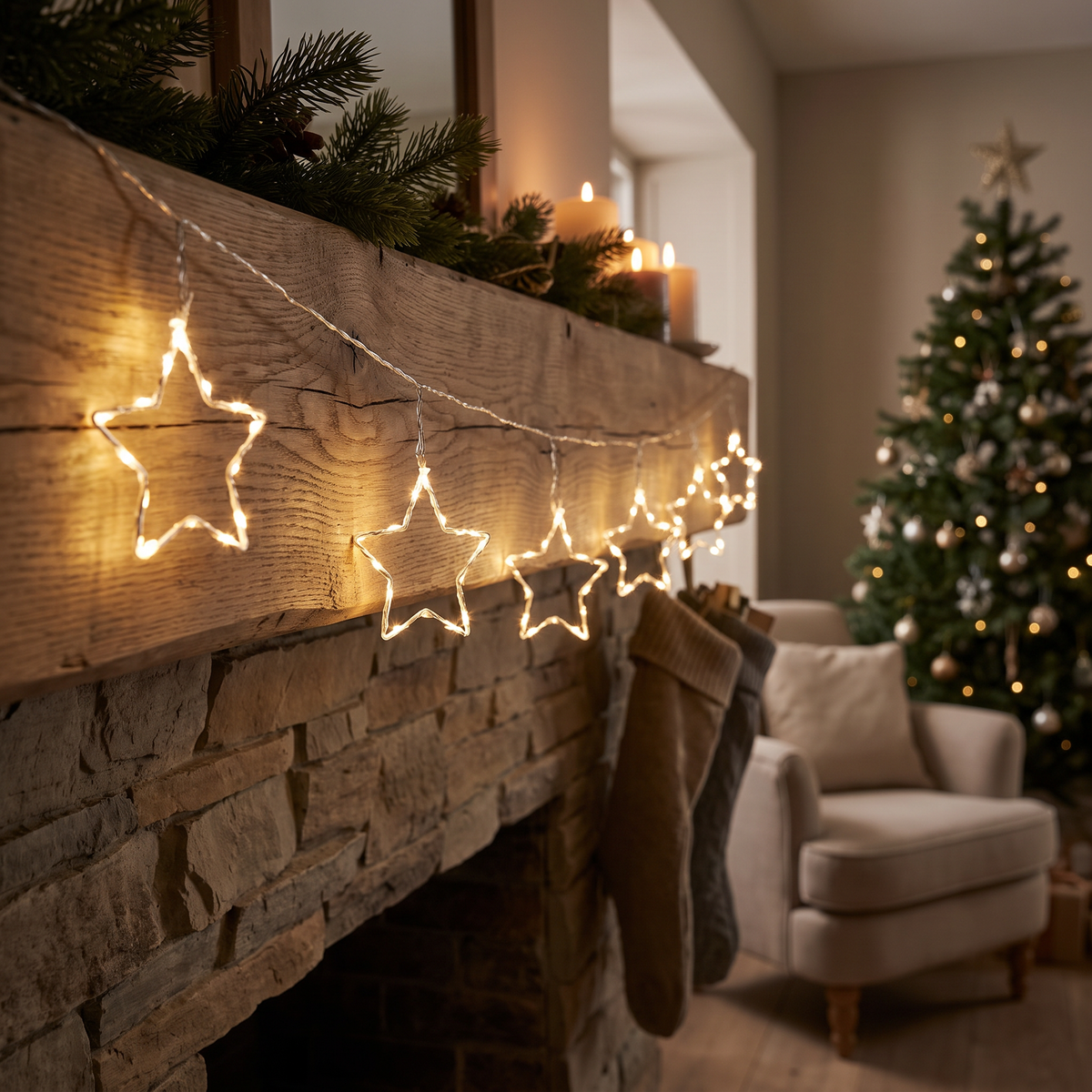 LED Sternen Girlande 1,5 m mit 6 Sternen und 90 Micro LEDs, Warmweiß mit Timer
