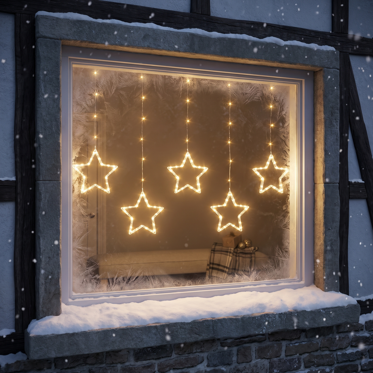LED Sternen Lichtervorhang 2 m mit 100 Micro LEDs und 5 Sternen, Fensterdeko mit Timer