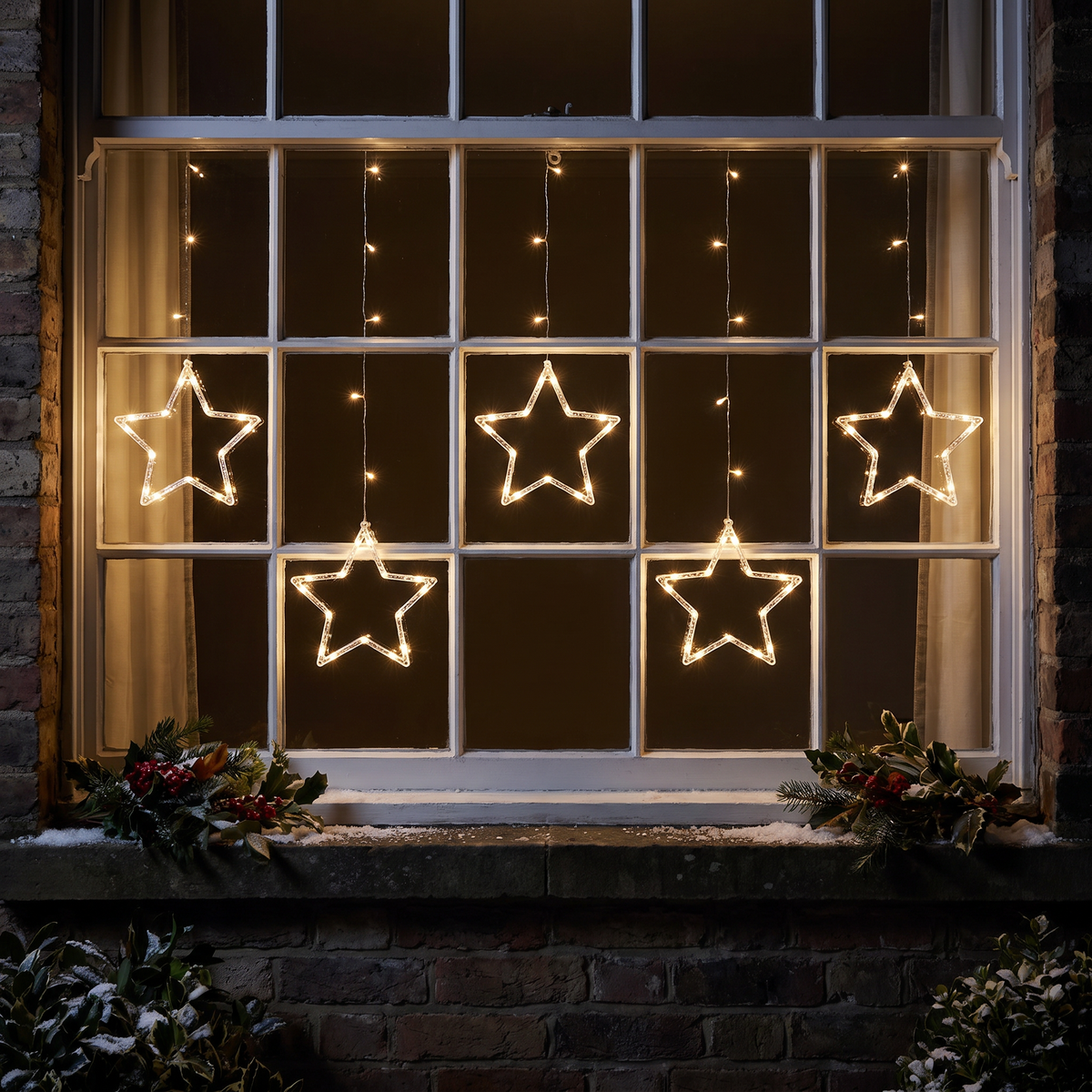 LED Sternen Lichtervorhang 2 m mit 100 Micro LEDs und 5 Sternen, Fensterdeko mit Timer