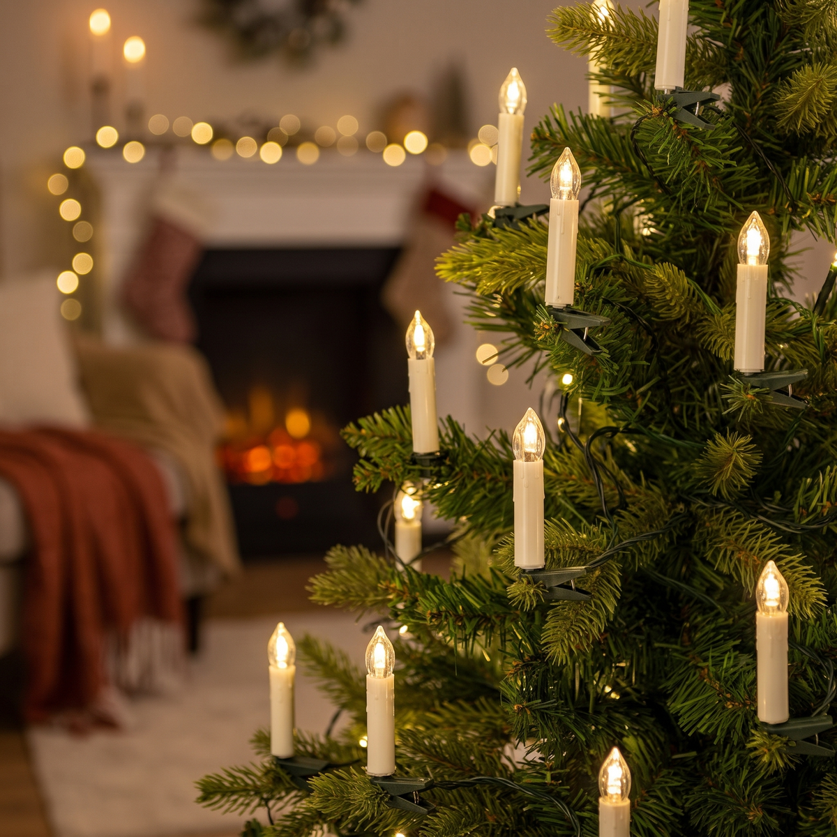LED Weihnachtsbaumkerzen Lichterkette 50 Kerzen mit Clips, Creme Warmweiß, 14,7 m