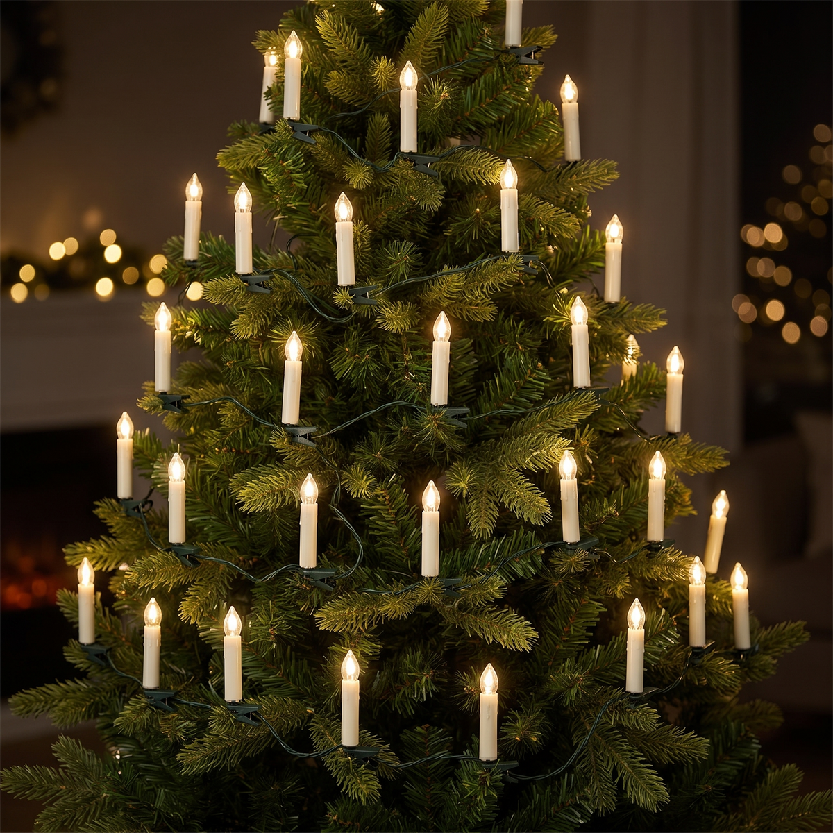 LED Weihnachtsbaumkerzen Lichterkette 50 Kerzen mit Clips, Creme Warmweiß, 14,7 m