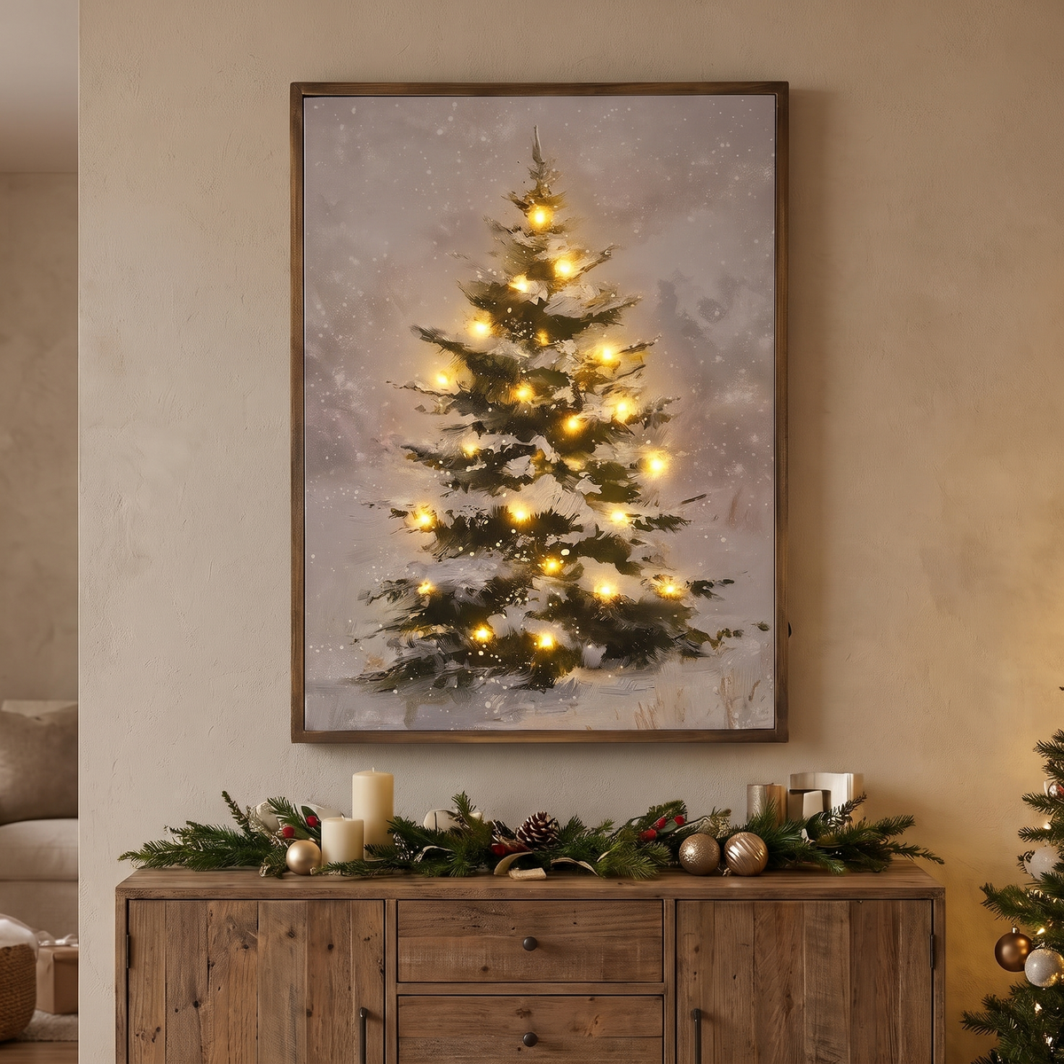 Leuchtbild Leinwand mit LED, verschneiter Tannenbaum 45 × 60 cm mit Holzrahmen und Timer