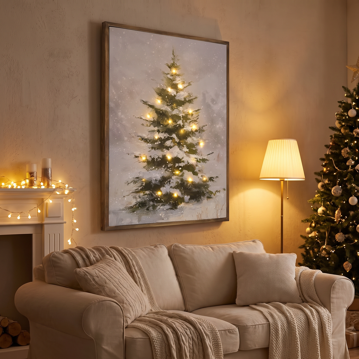 Leuchtbild Leinwand mit LED, verschneiter Tannenbaum 45 × 60 cm mit Holzrahmen und Timer